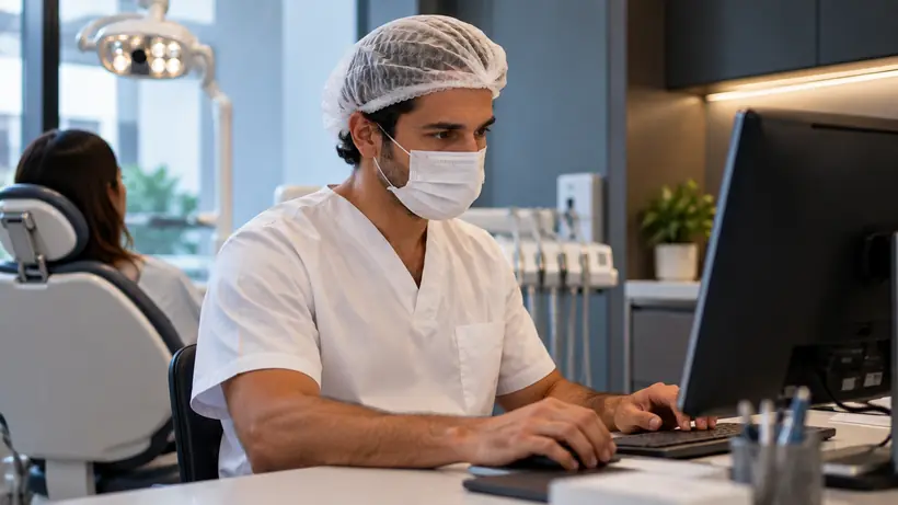 Dentista registrando o atendimento no computador do consultório